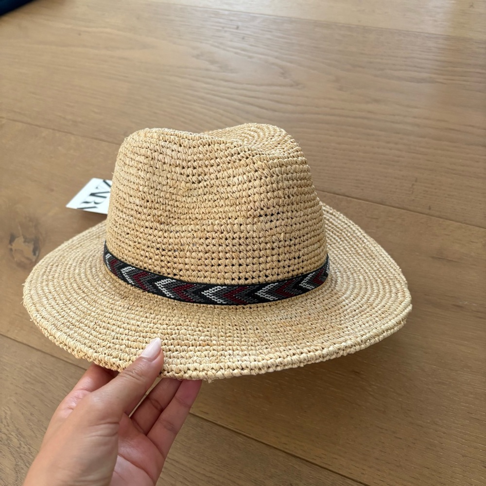 Zara neutral Straw Hat with patterned beaded design
